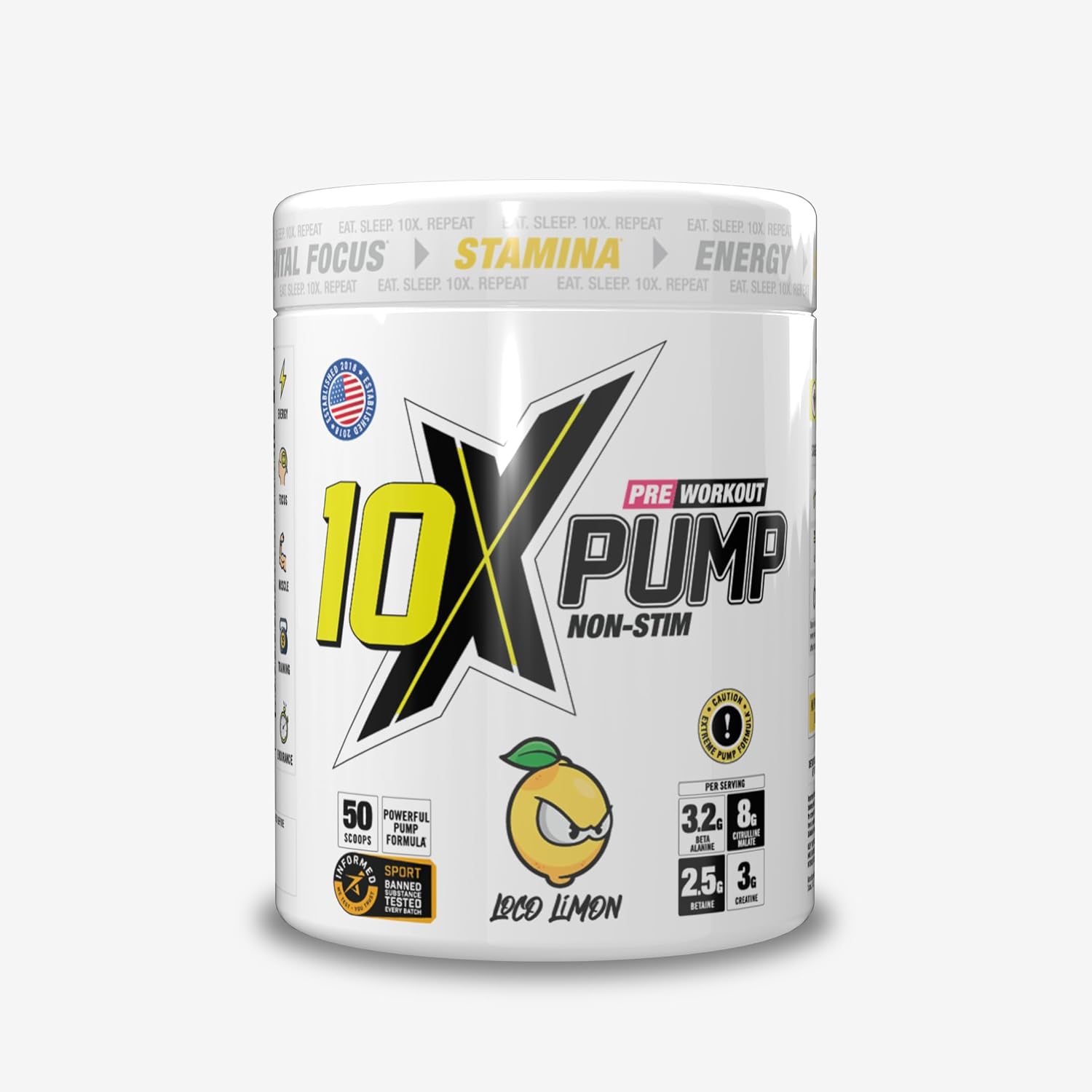 10X Athletic Non Stim Pump Pre Workout No Caffeine Beta Alanine Creatine Sugar Free Vegan Low Calorie Various Flavours 600g 50 Servings (Loco Lemon)