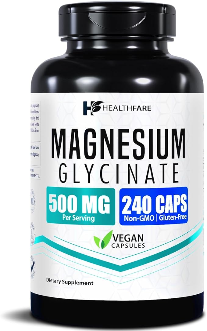 HealthFare Magnesium Glycinate 500mg | 240 Veg Capsules | High-Absorption Chelated Magnesium | Gluten-Free | Non-GMO | Made in the USA