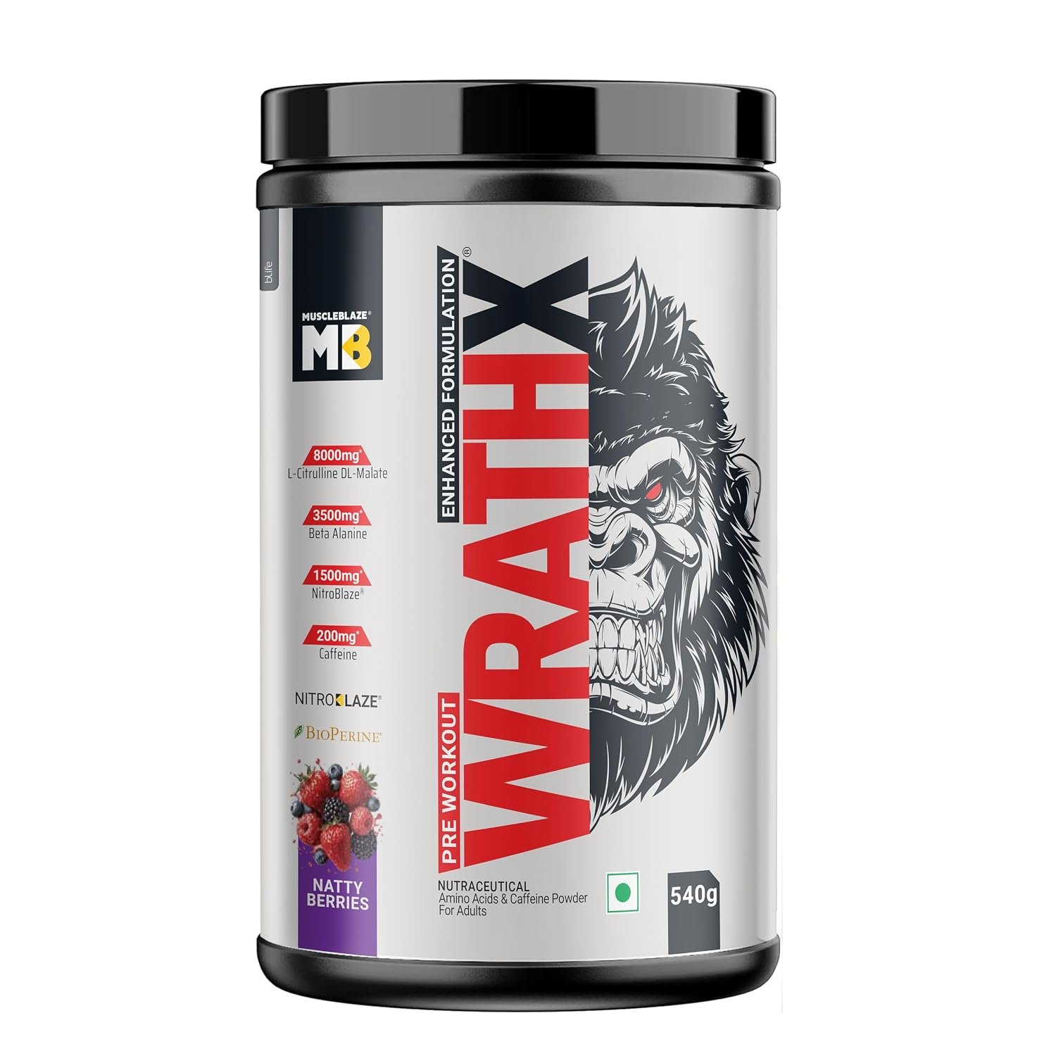 MuscleBlaze Pre Workout WrathX Powder, Natty Berries, 540g | 30 / 60 Servings | Fully Loaded, Crash Free with Caffeine, Citrulline & Beta Alanine |...